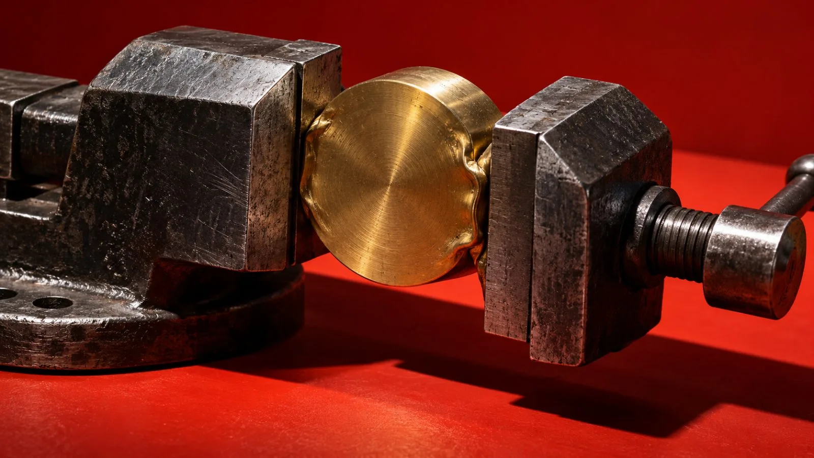 A steel vise clamps down on a brass disk / TokenPost.ai