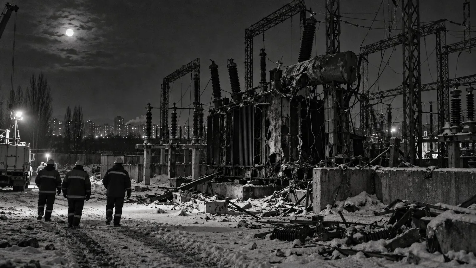Damaged substation equipment stands beside a darkened winter neighborhood / TokenPost.ai