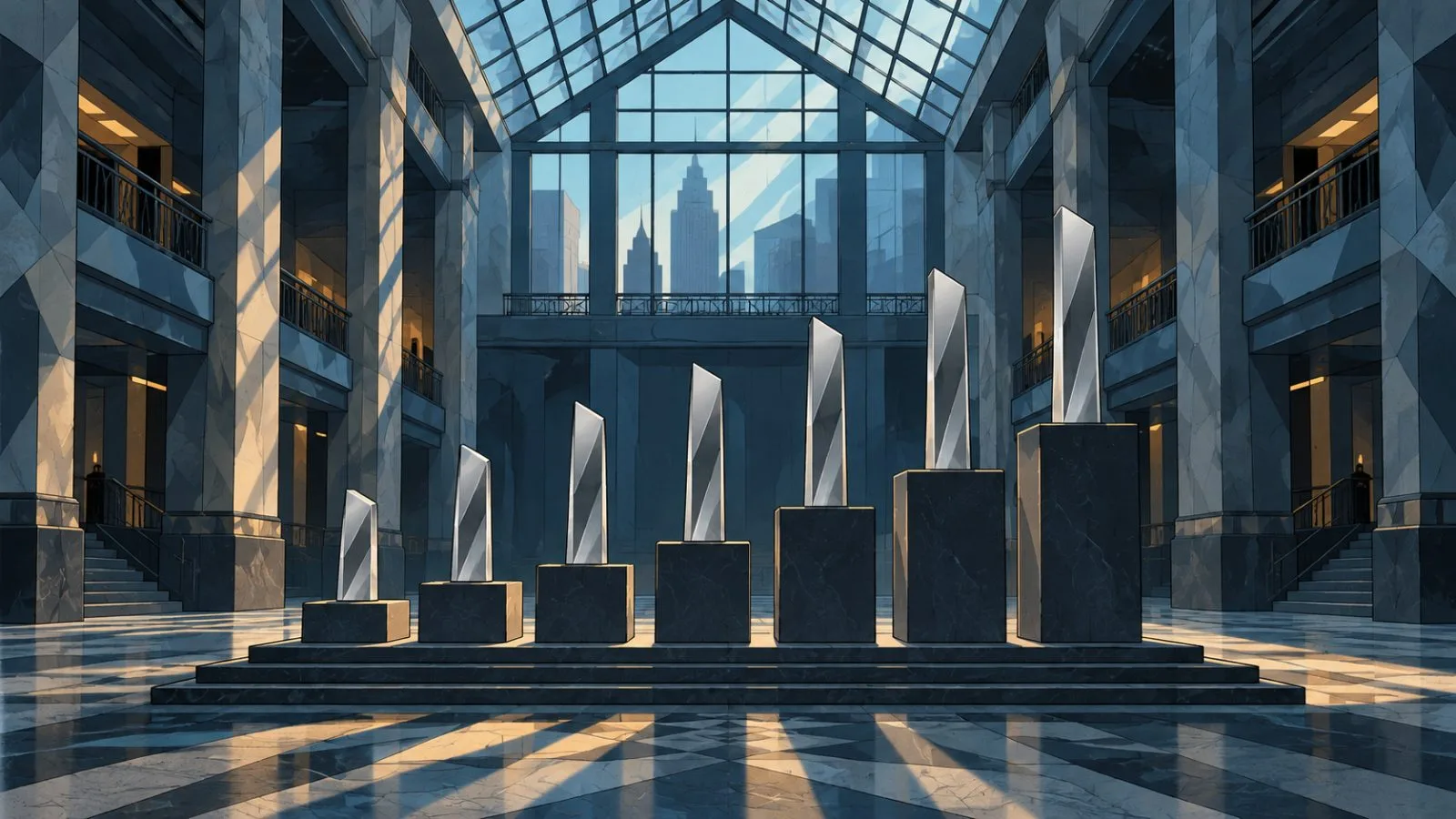 Seven metallic markers arranged on ascending platforms / TokenPost.ai