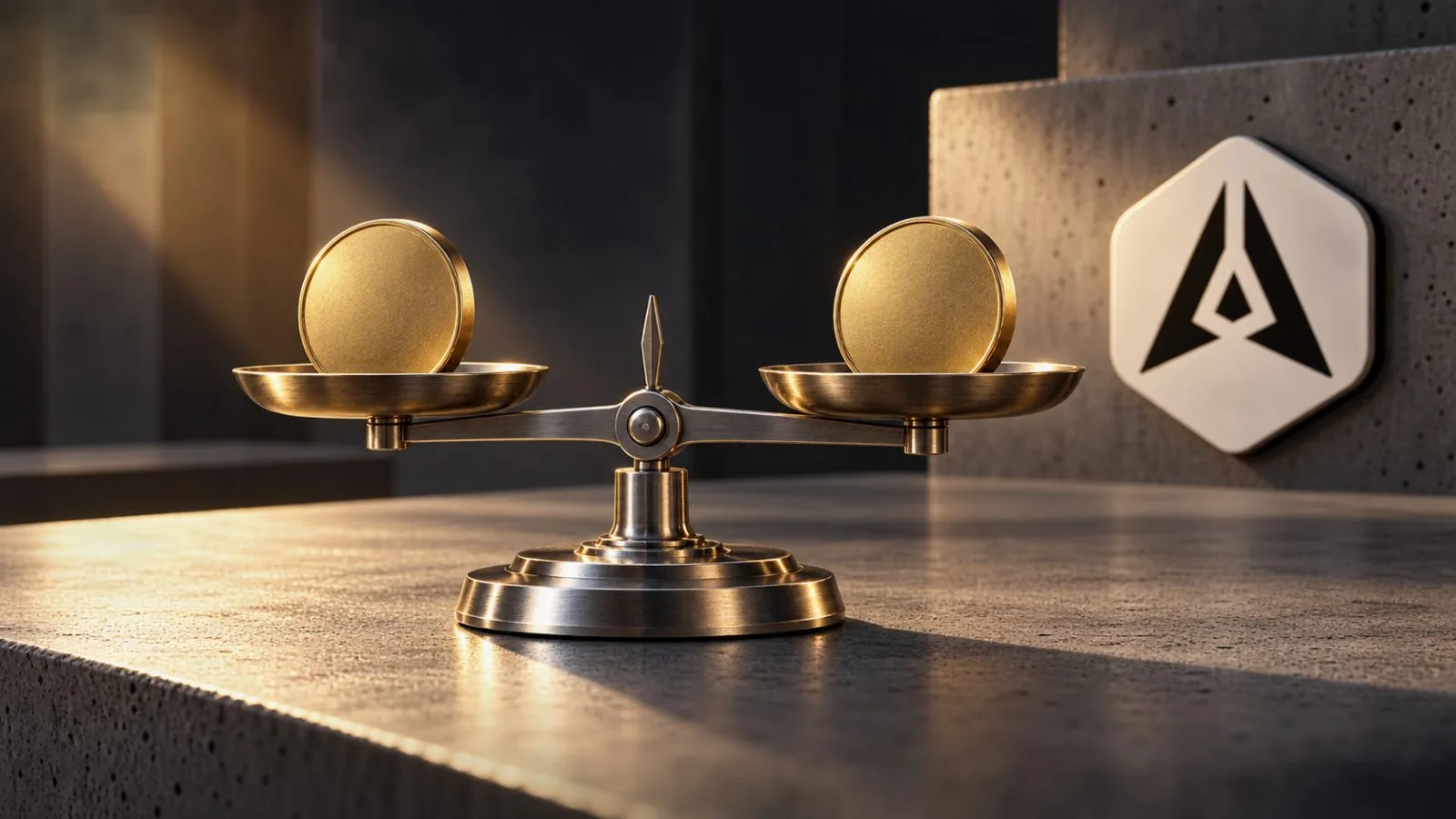 Blank brass tokens balance on a compact metal scale / TokenPost.ai