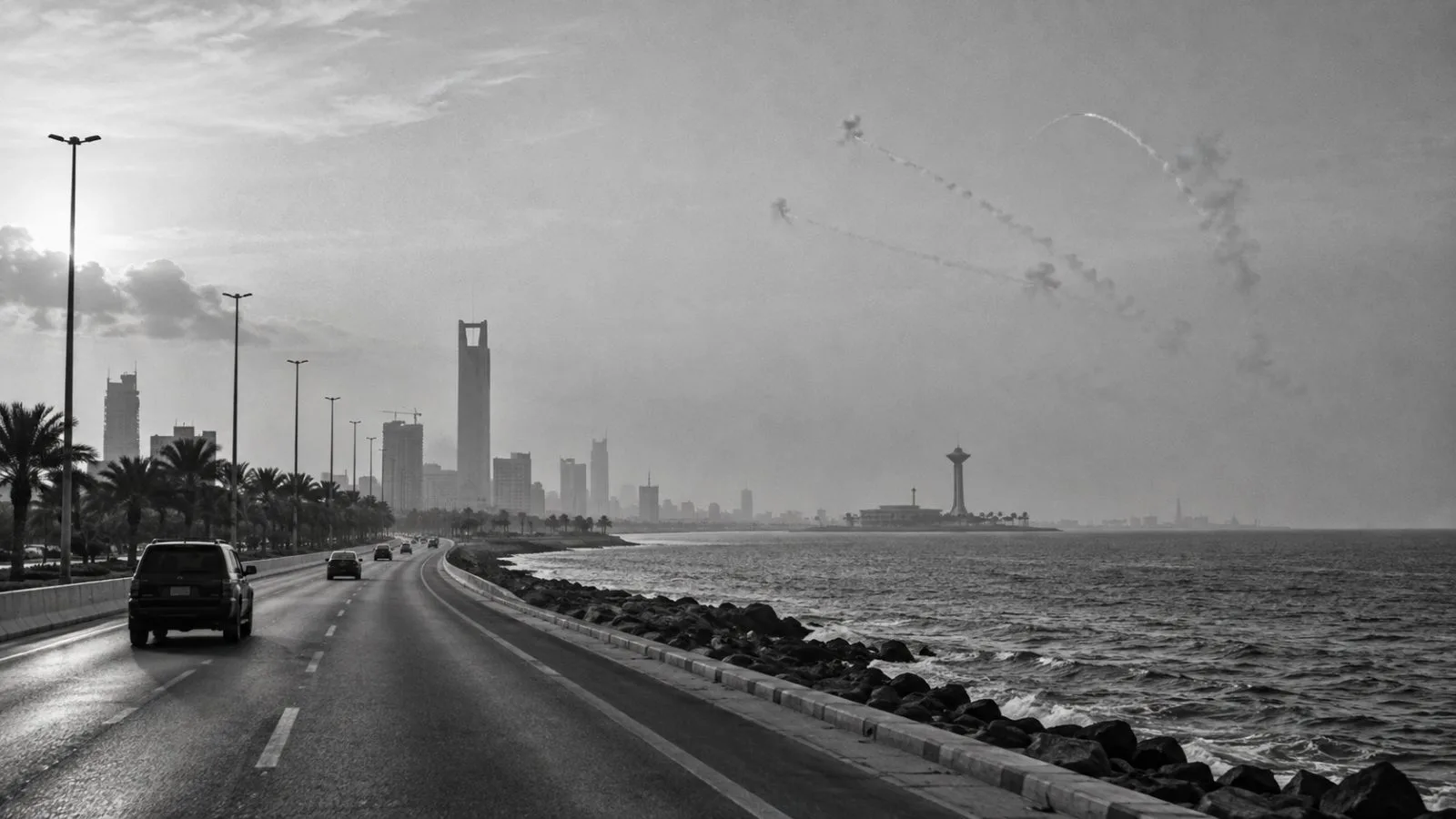 Smoke trails rise above a Saudi coastal highway at dawn / TokenPost.ai