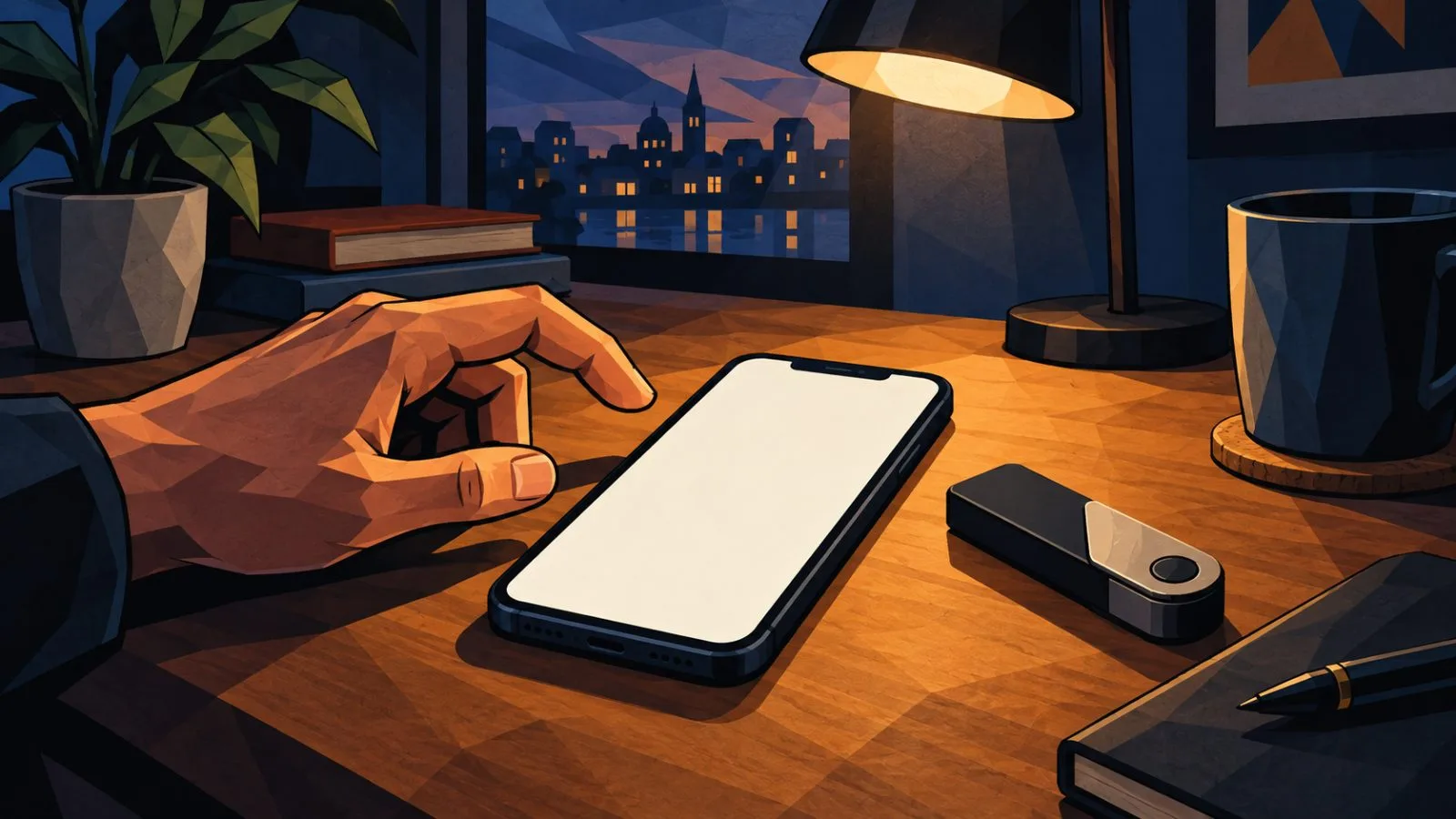Hand hovering over a smartphone beside a hardware wallet / TokenPost.ai
