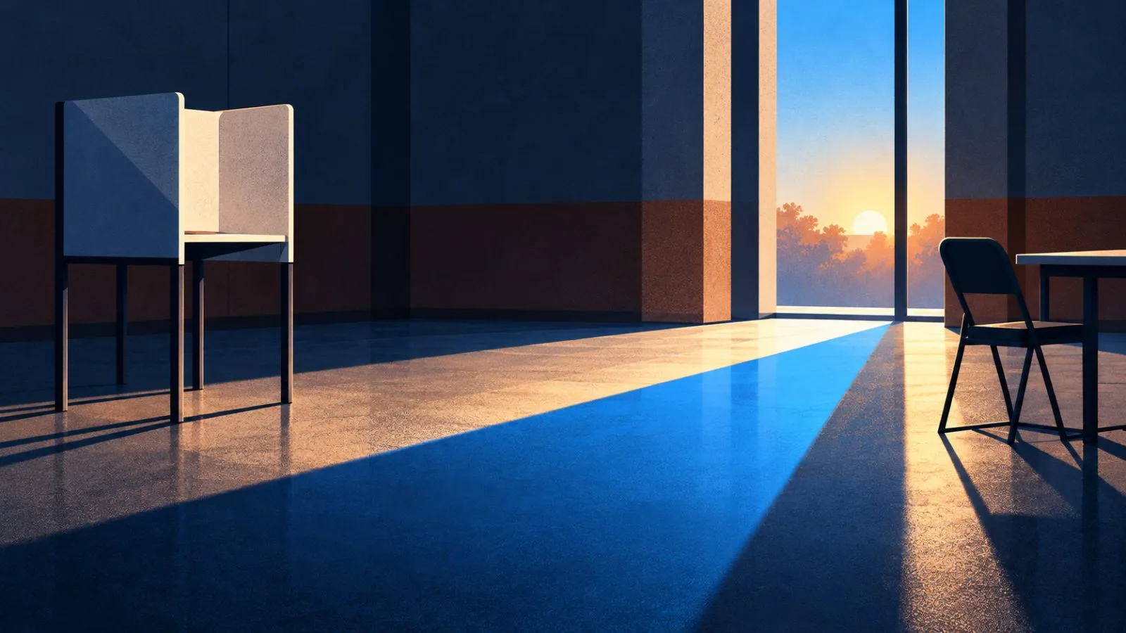 An empty voting booth beside a poll worker’s chair at dawn / TokenPost.ai