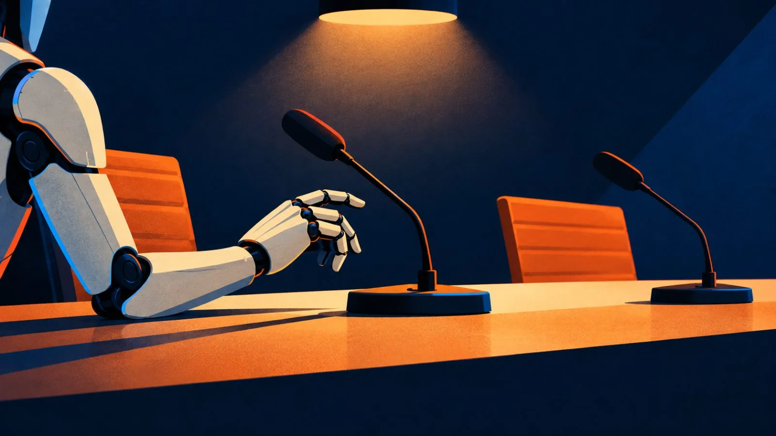A robotic hand hovers beside a conference-call microphone / TokenPost.ai