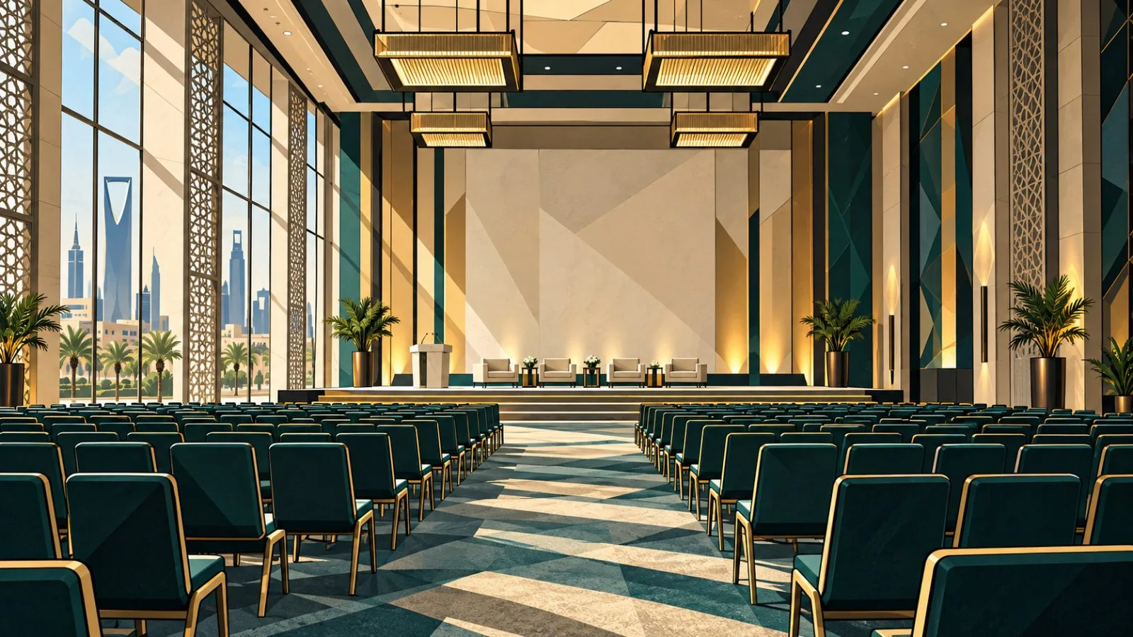 Rows of empty seats face a softly lit conference stage / TokenPost.ai