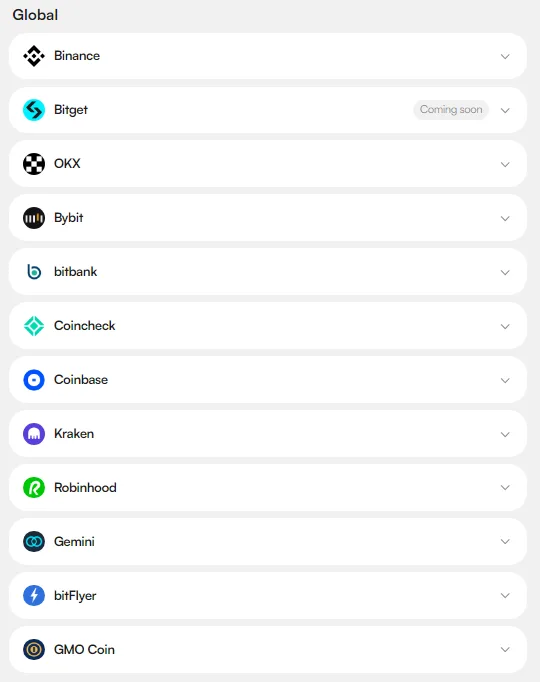 Global tab in Settings › Exchange Sync on Satoshi Note, showing the newly added Kraken, Robinhood, Gemini, bitFlyer and GMO Coin