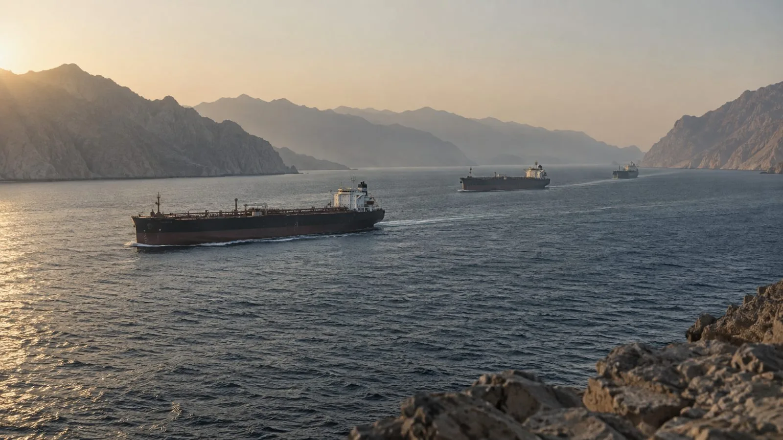 Three oil tankers pass through a narrow sunlit sea passage / TokenPost.ai
