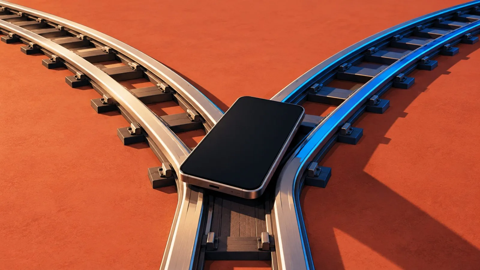 A dark smartphone rests where two metal tracks meet / TokenPost.ai