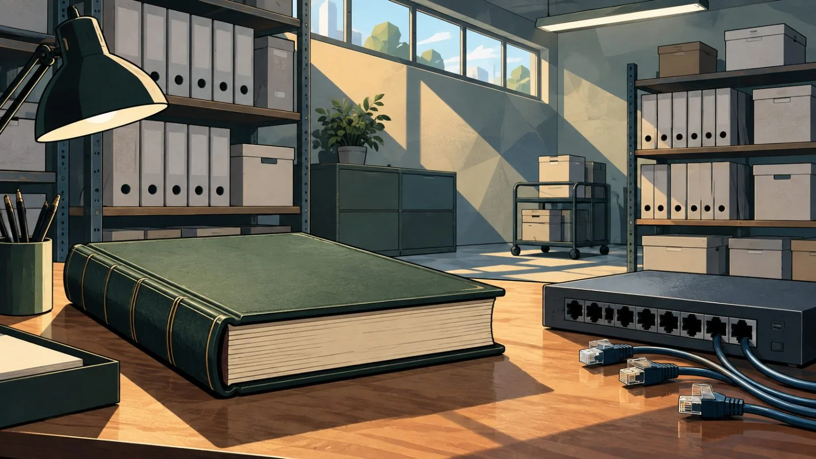 A bound ledger beside a disconnected network switch in a records room / TokenPost.ai