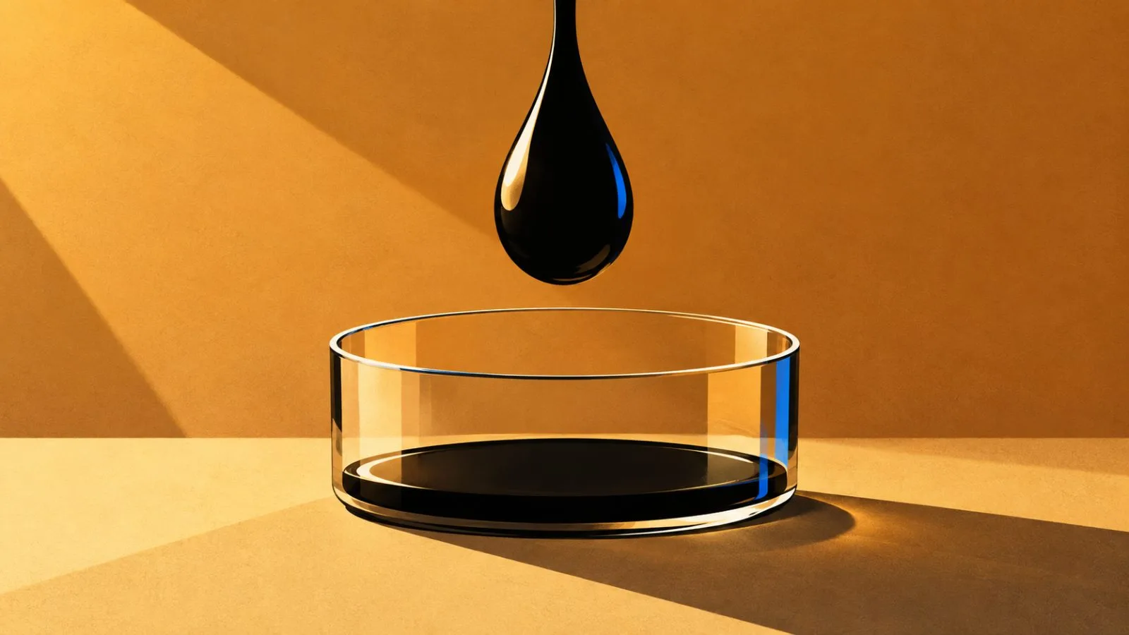 An oil droplet hangs above a shallow glass measuring vessel / TokenPost.ai