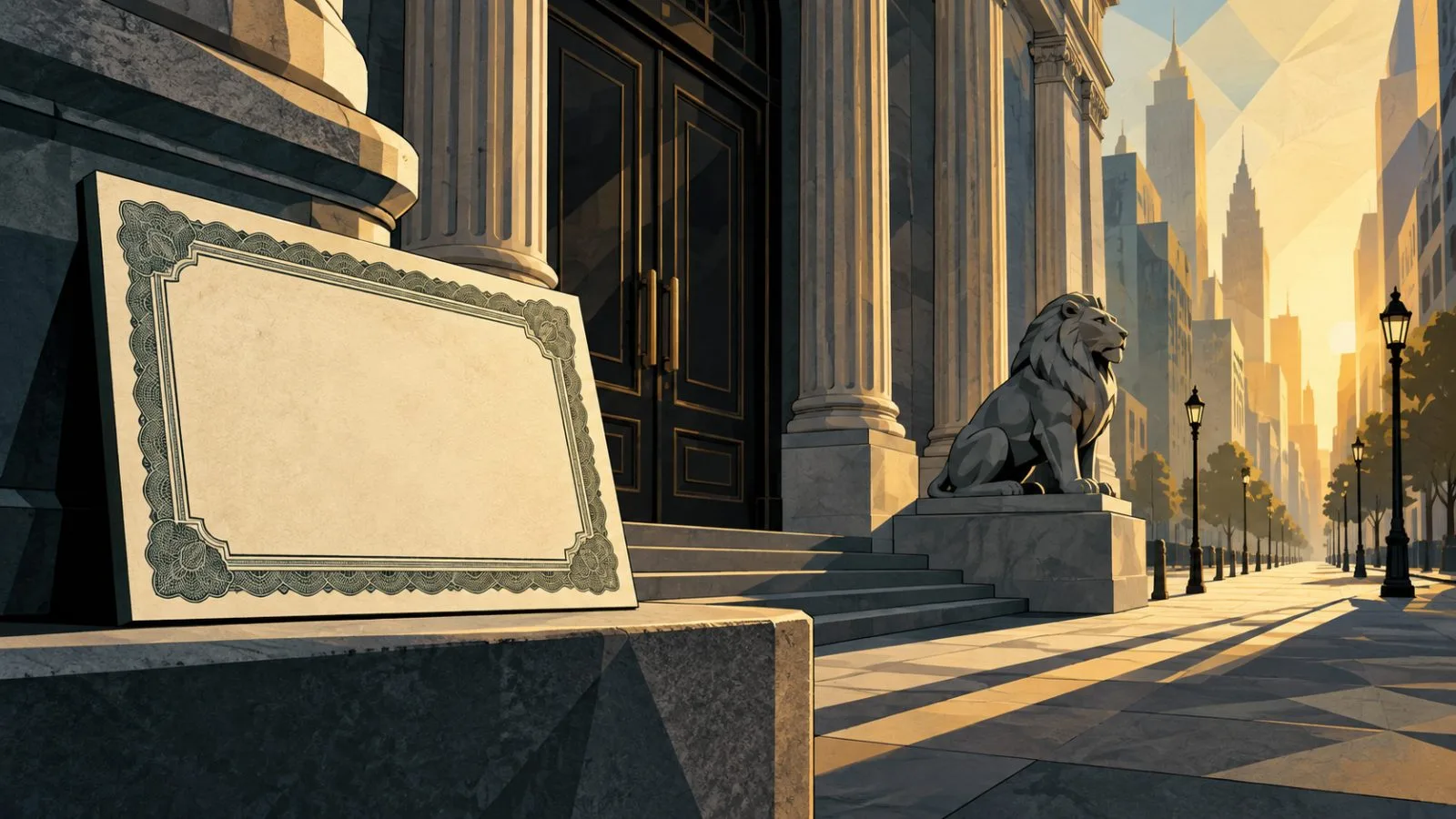 A framed bond certificate beside a quiet stock exchange entrance / TokenPost.ai