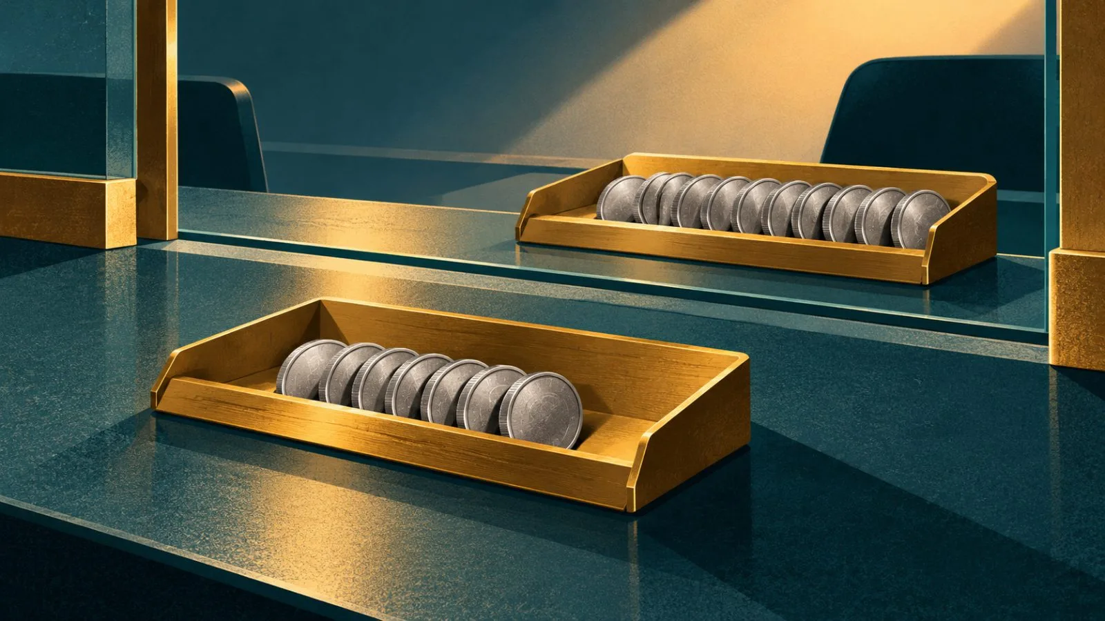 Two brass deposit trays hold rows of silver tokens at different levels / TokenPost.ai