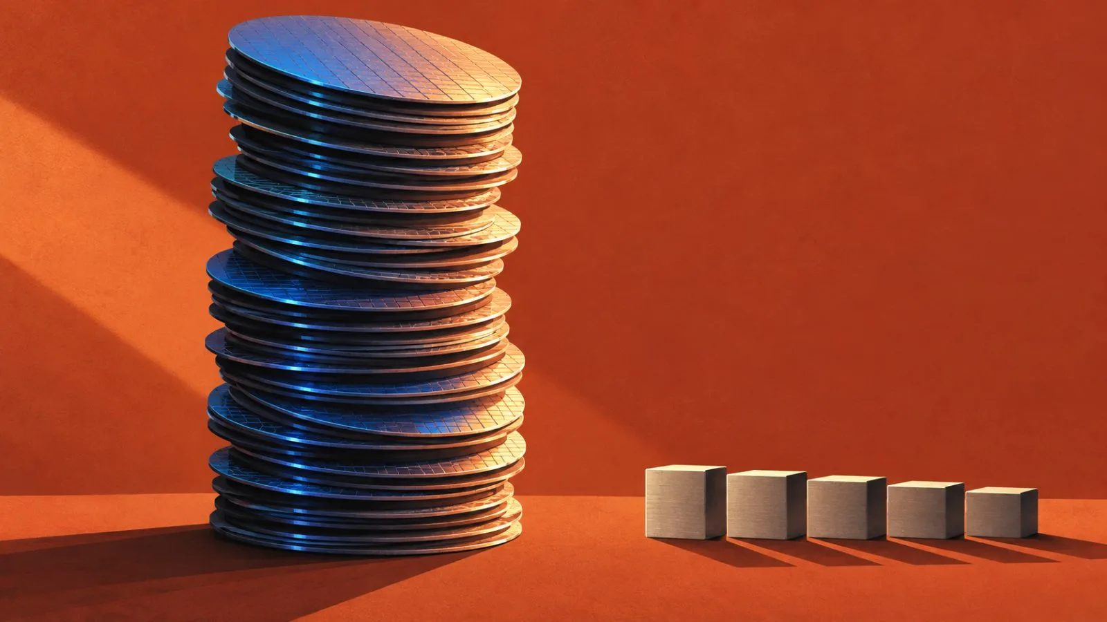 Silicon wafers rise above a low row of metal blocks / TokenPost.ai