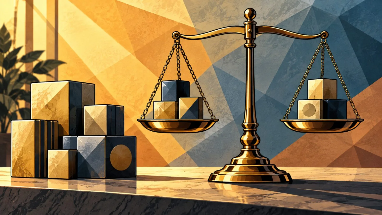 Metallic blocks arranged beside a balanced scale on a dark surface / TokenPost.ai
