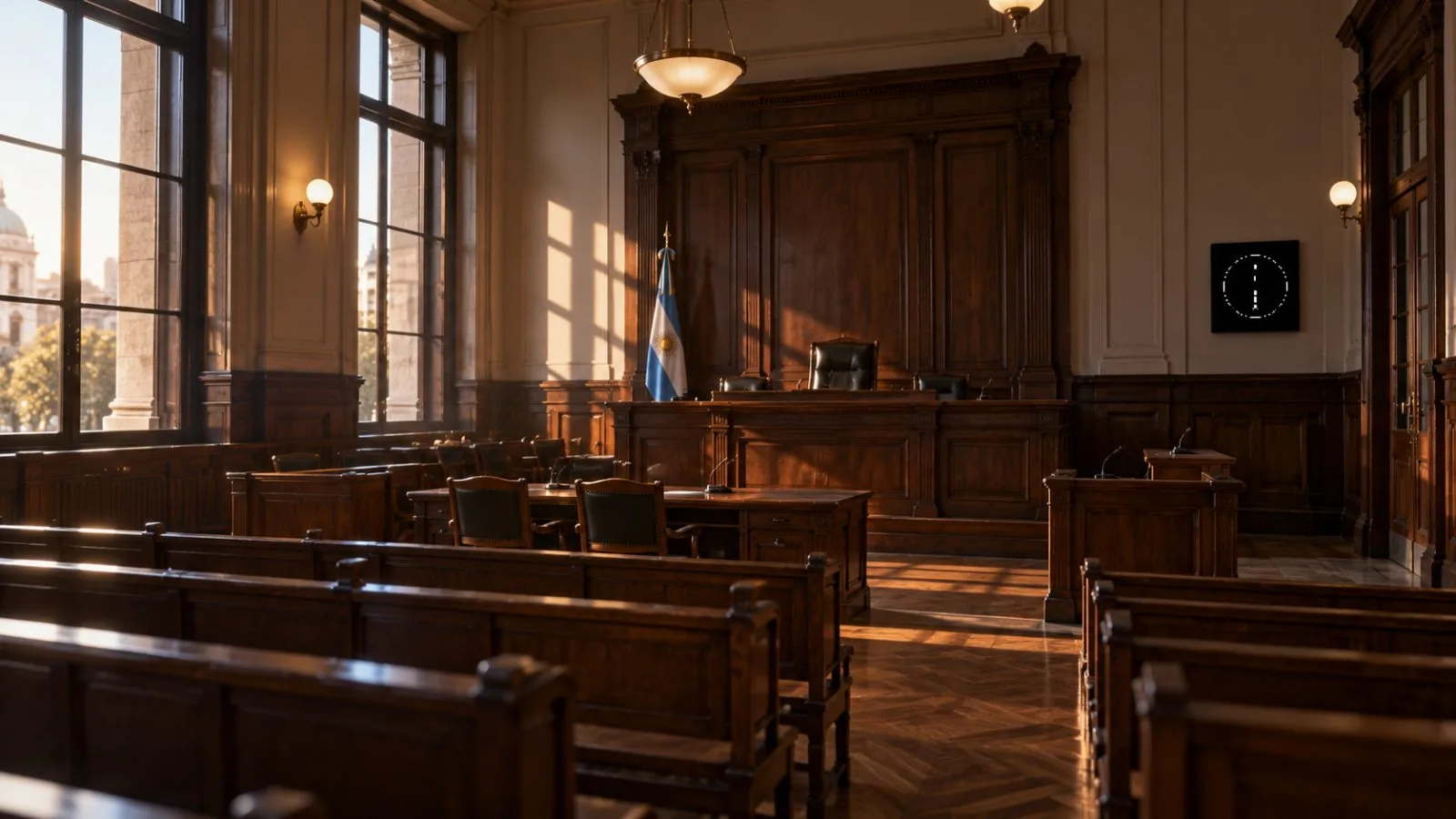 An empty courtroom with wooden benches beneath soft overhead lights / TokenPost.ai