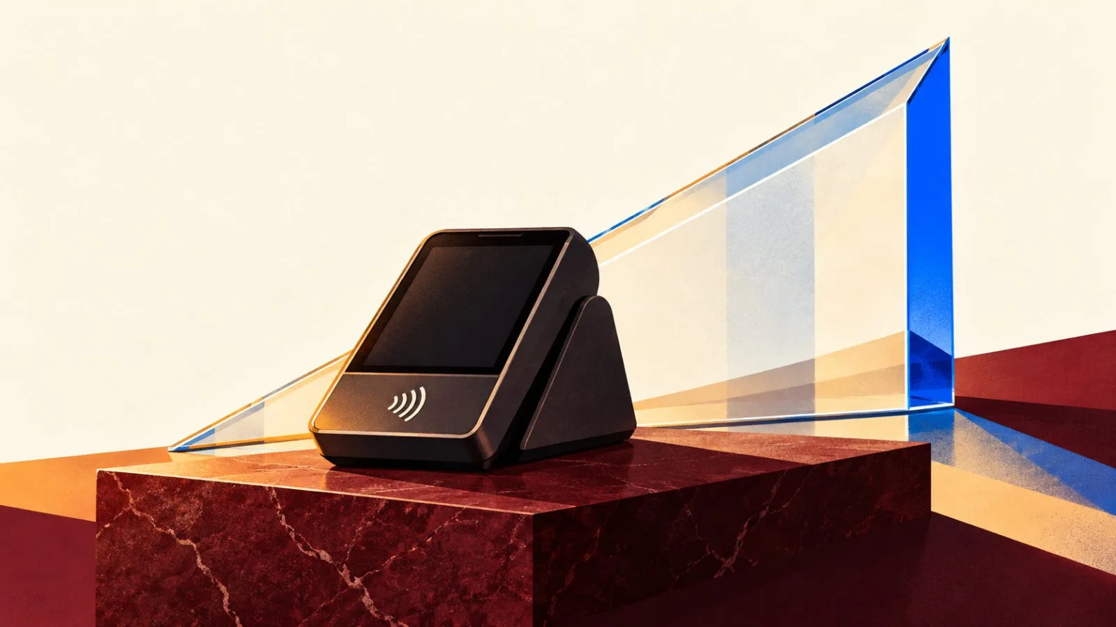 An unbranded payment terminal stands beside a rising glass wedge / TokenPost.ai