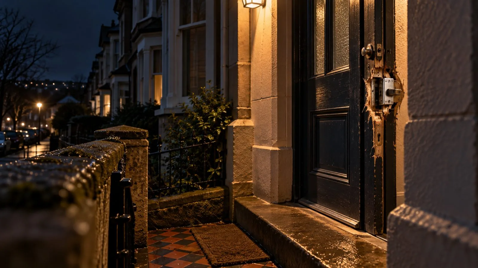 A damaged front door sits beneath a warm porch light / TokenPost.ai