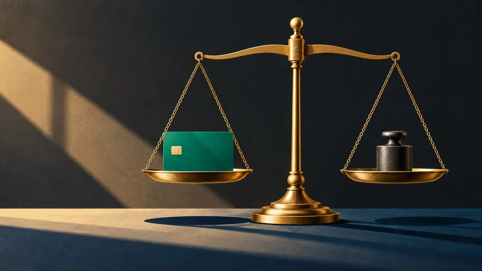 An unmarked green bank card balances on a brass scale / TokenPost.ai