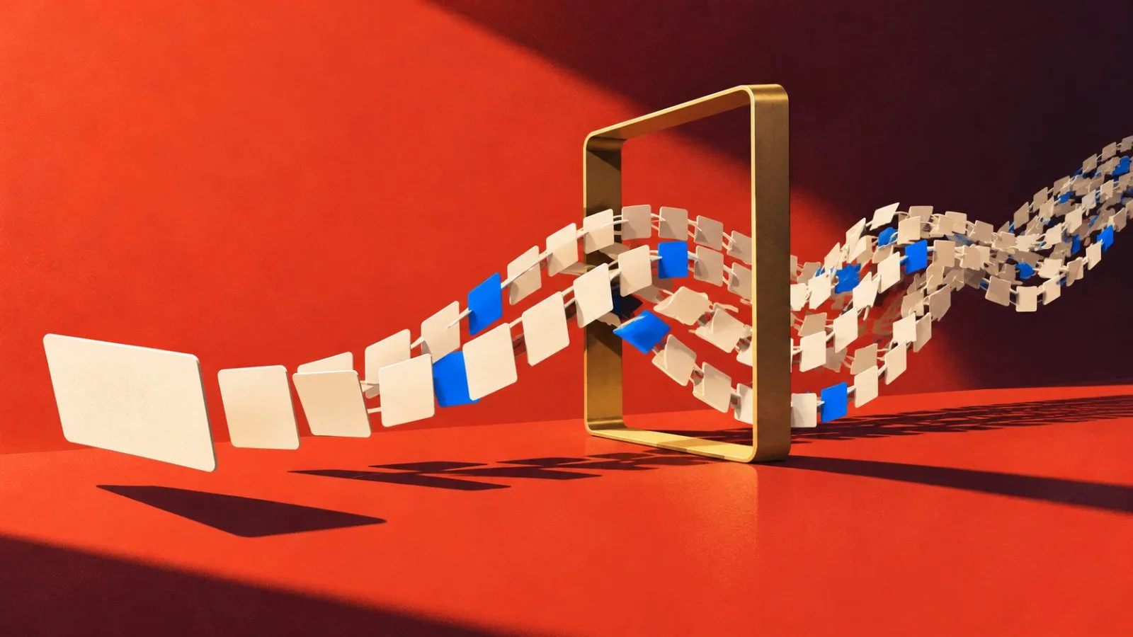 Unmarked tiles fan out beside a brass routing gate / TokenPost.ai
