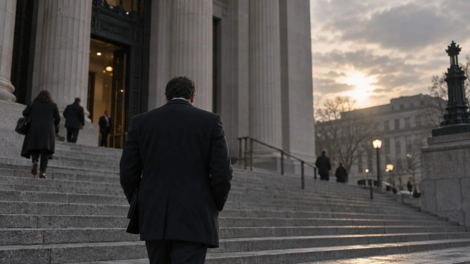 Federal courthouse entrance under overcast afternoon light / TokenPost.ai