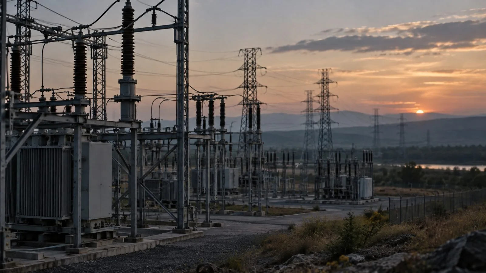 Transmission towers stand beyond a quiet substation at dusk / TokenPost.ai