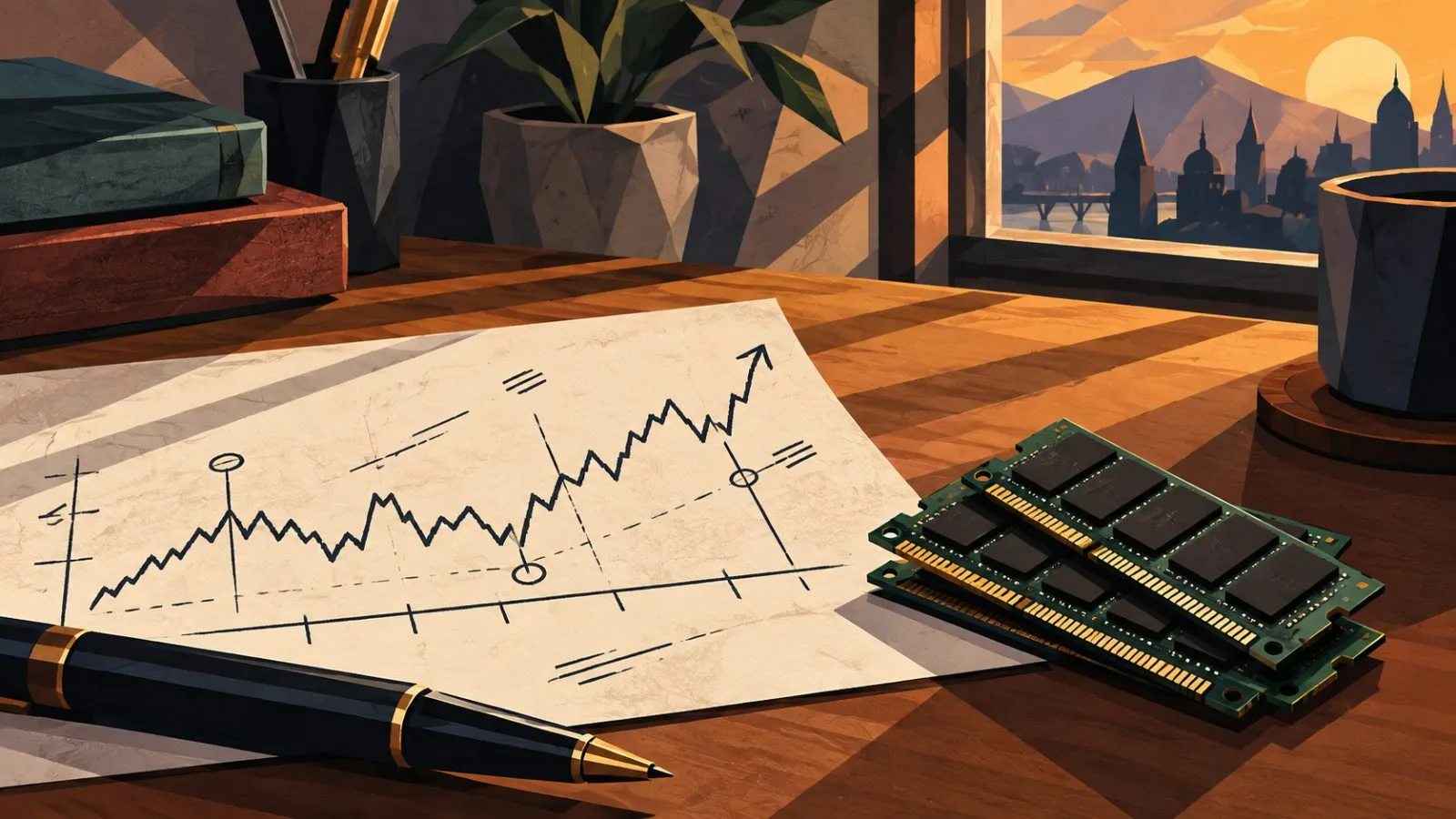 Memory chips rest beside a marked timeline in window light / TokenPost.ai