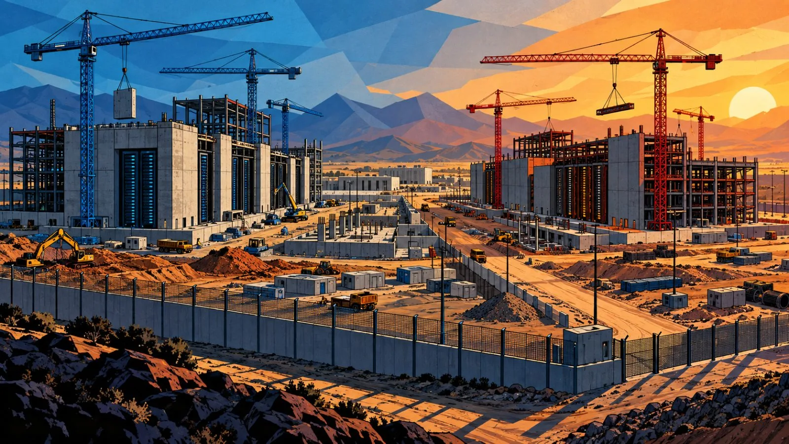 Cranes rise above a data center construction site in late sunlight / TokenPost.ai