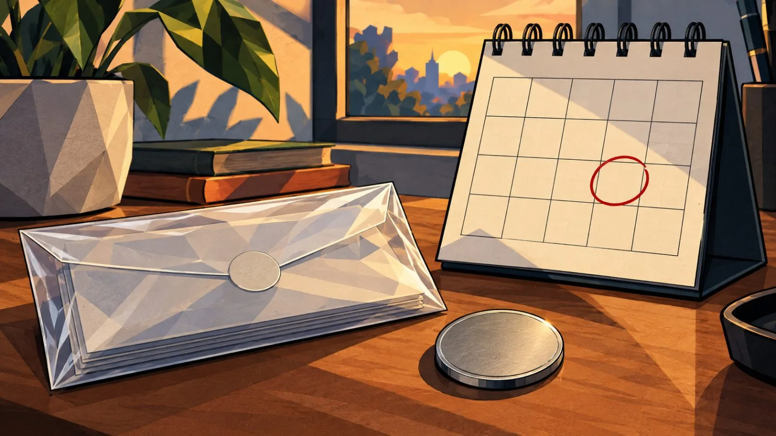 Metal token beside a sealed envelope and marked calendar / TokenPost.ai