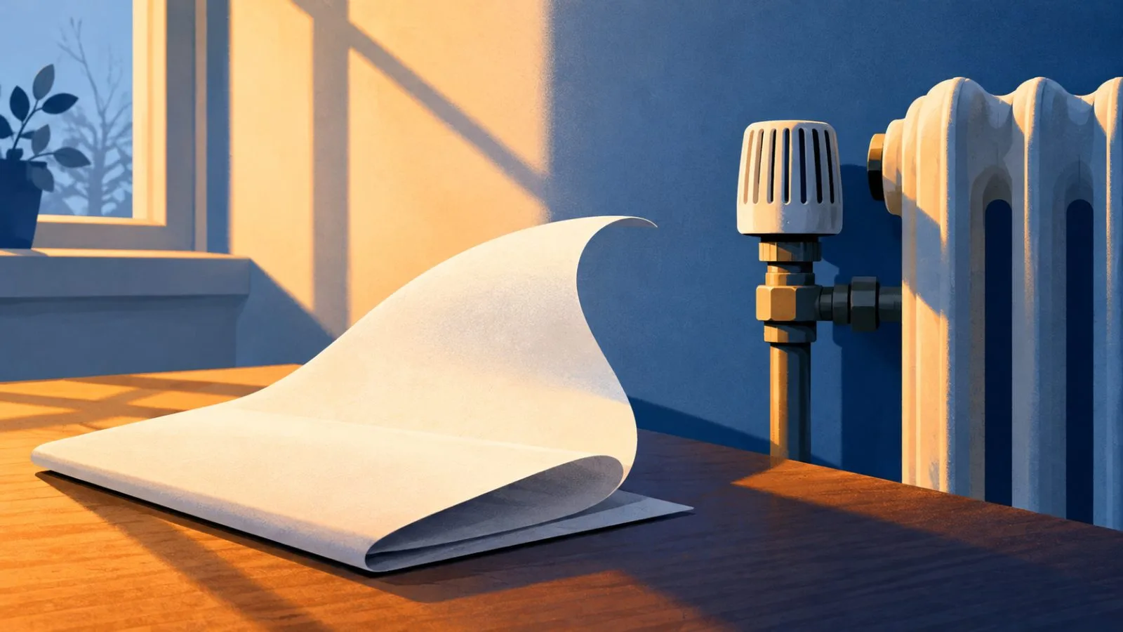 A folded utility bill beside a radiator valve in winter light / TokenPost.ai