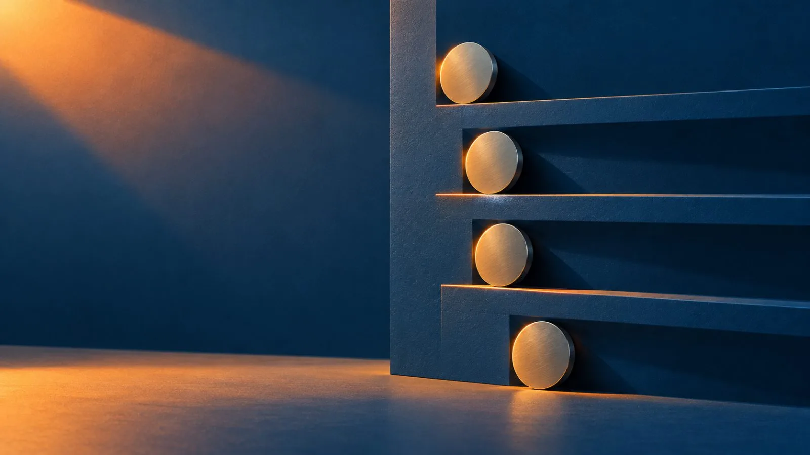 Four metal discs rest against horizontal ledges in a slate panel / TokenPost.ai