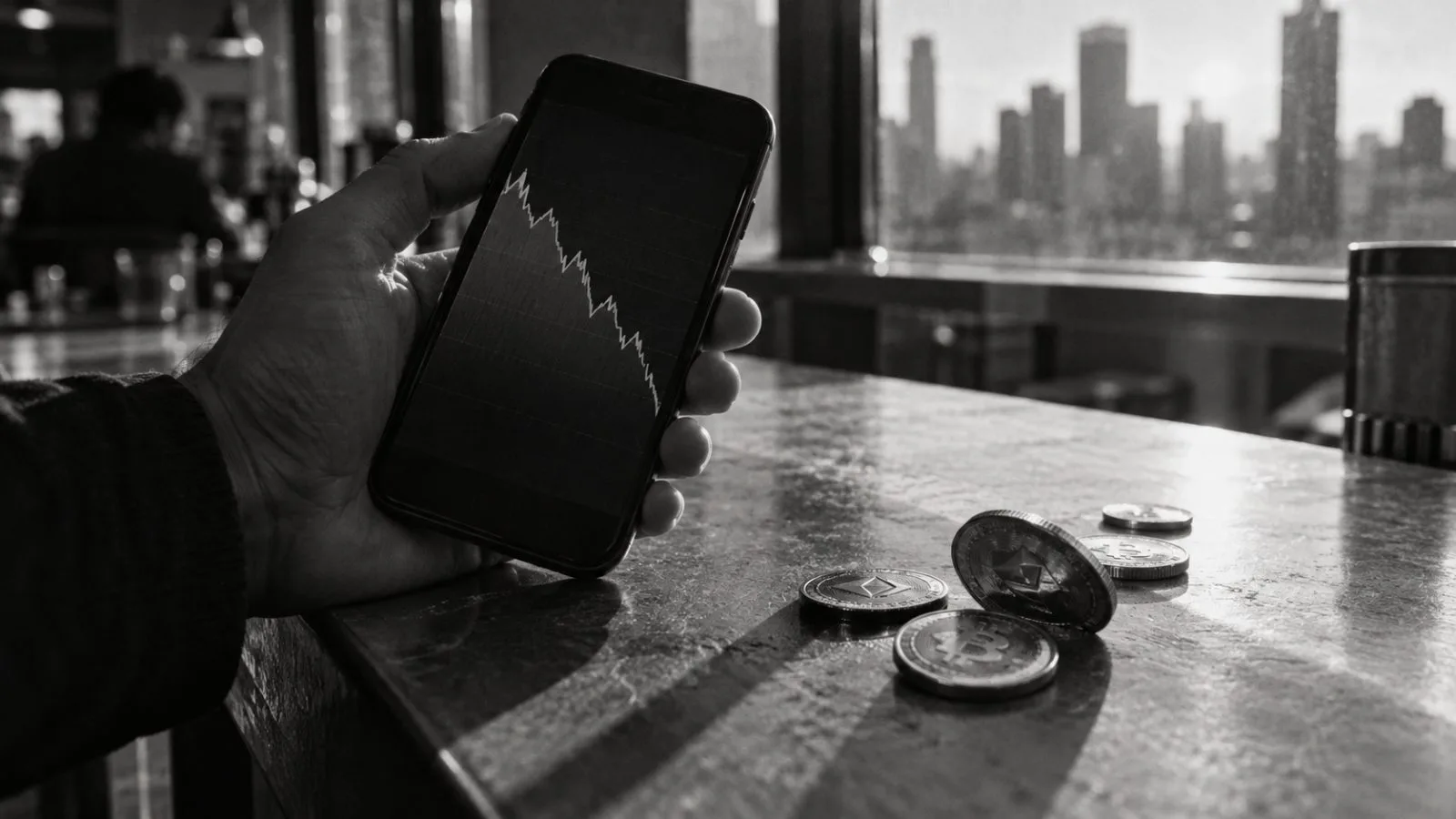 A hand grips a phone beside fallen metal trading tokens / TokenPost.ai