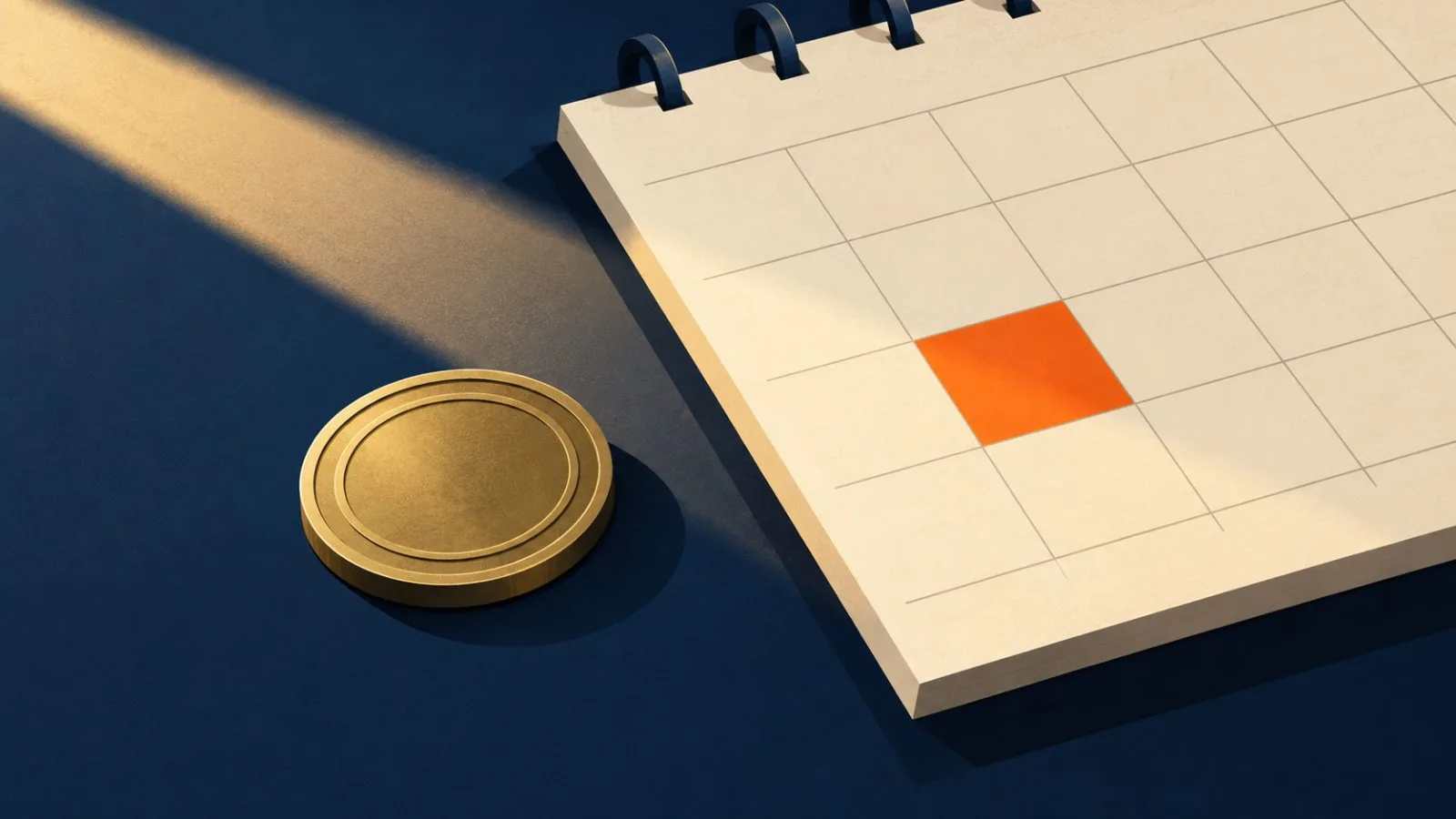 A brass medallion rests beside a marked square on a blank calendar. / TokenPost.ai