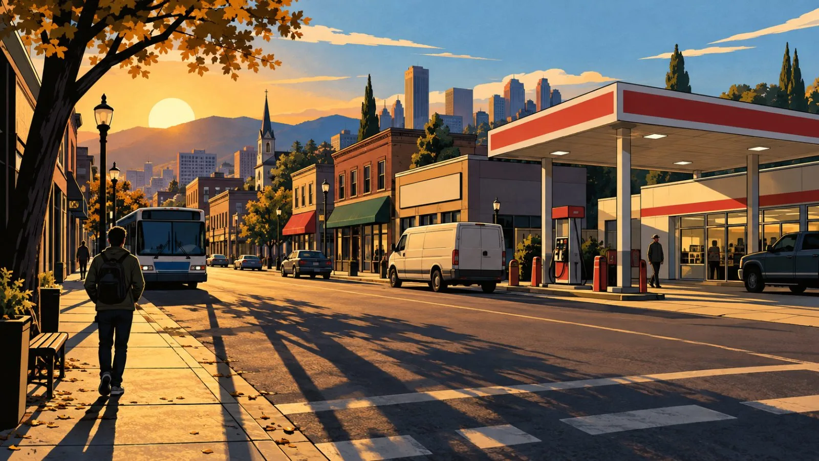 Cars pass a fuel station along a sunlit American city street / TokenPost.ai