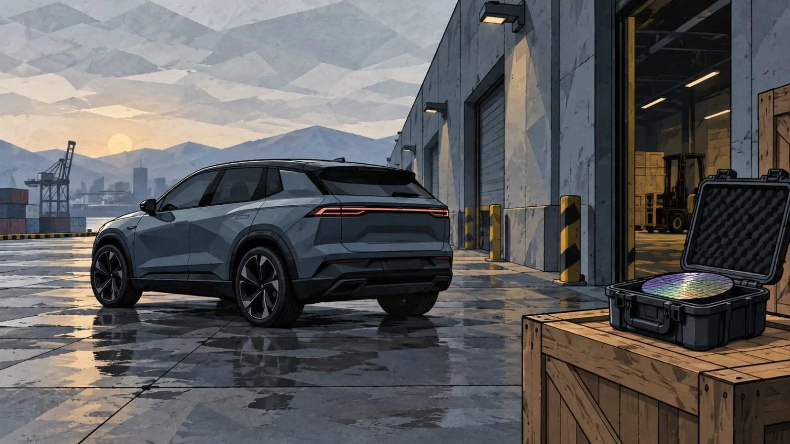 An unbranded electric SUV beside a quiet warehouse loading bay / TokenPost.ai
