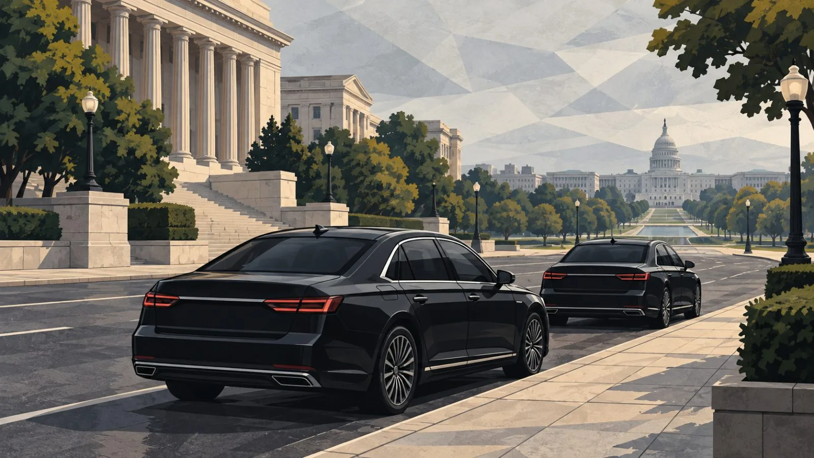 Official cars parked along a quiet Washington avenue / TokenPost.ai
