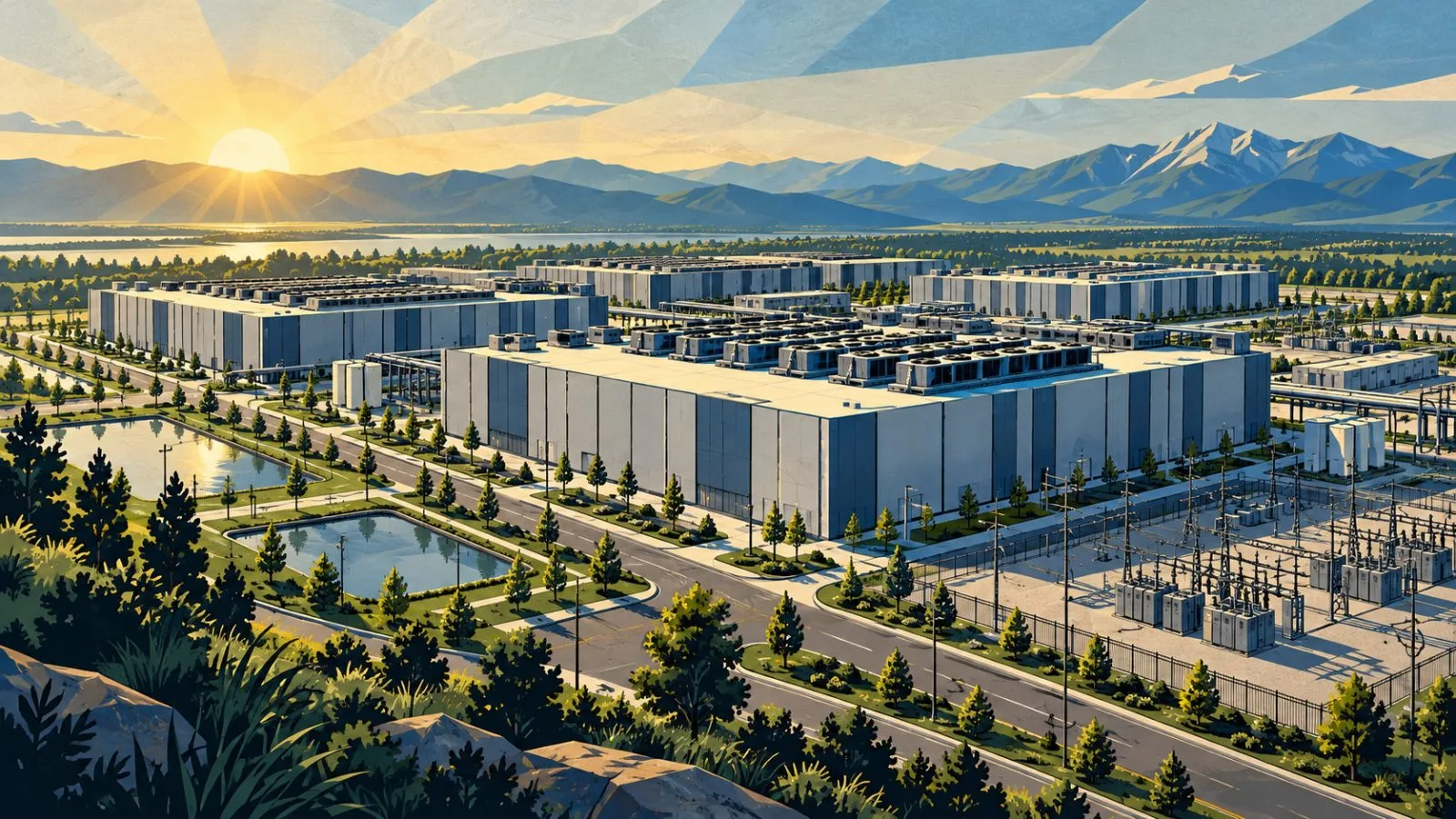 Modern data center campus illuminated by early morning sunlight / TokenPost.ai