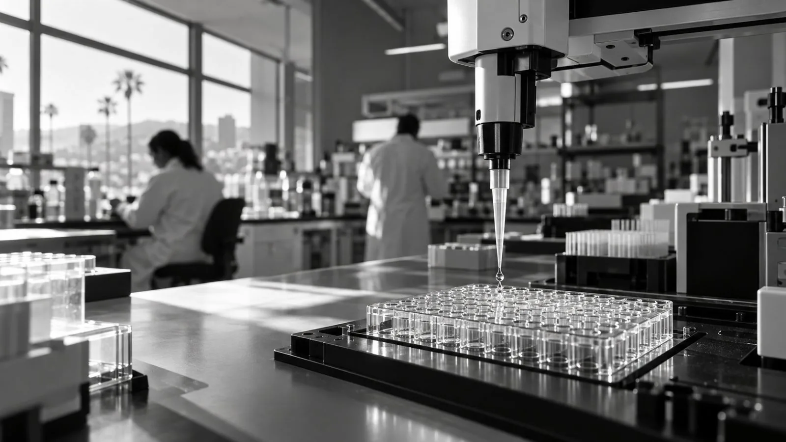 A robotic pipette places a sample into a clear assay plate / TokenPost.ai