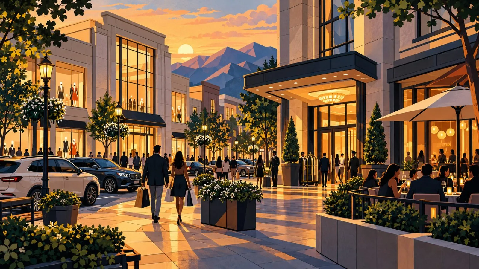 Suburban shopping district with stores, restaurants, and evening traffic / TokenPost.ai