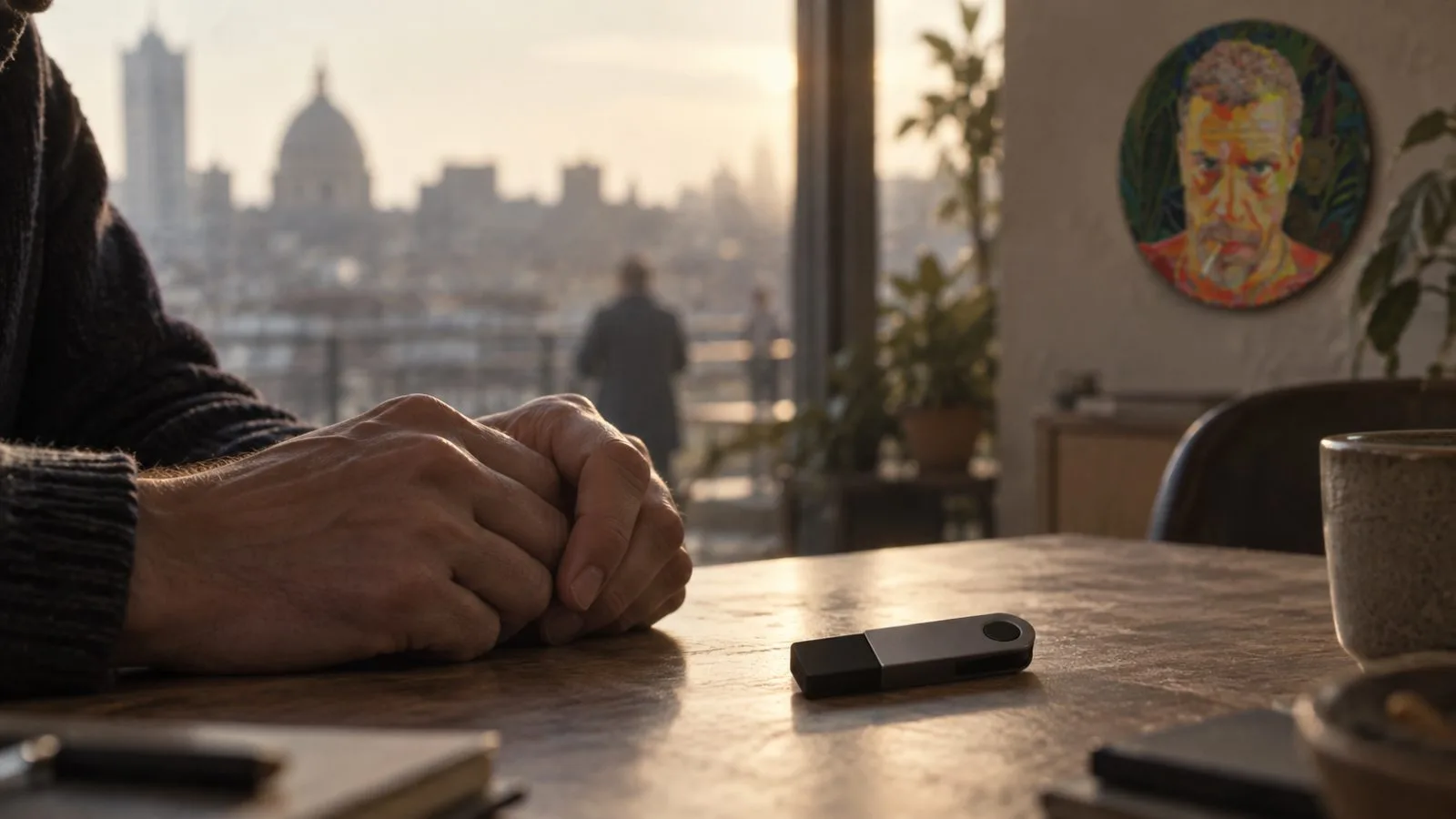 Anonymous hands rest beside a small crypto wallet device / TokenPost.ai