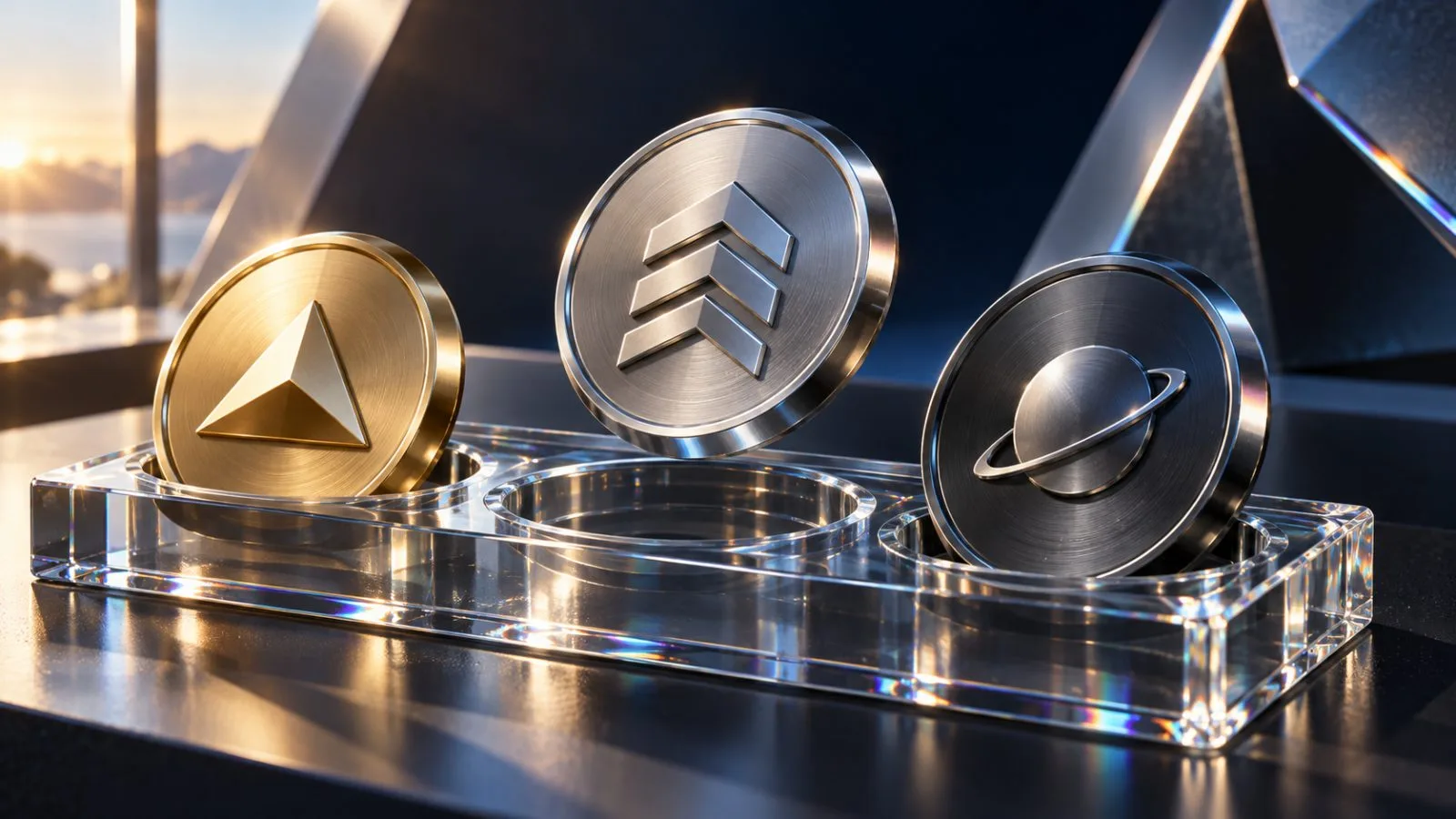 Three metal tokens arranged in separate slots on a glass tray / TokenPost.ai