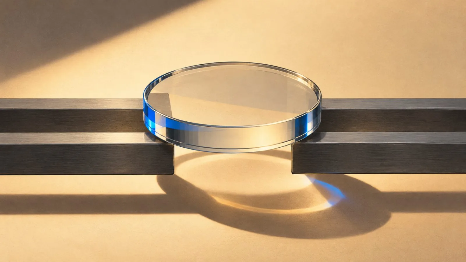 A clear glass token rests across two brushed steel rails / TokenPost.ai
