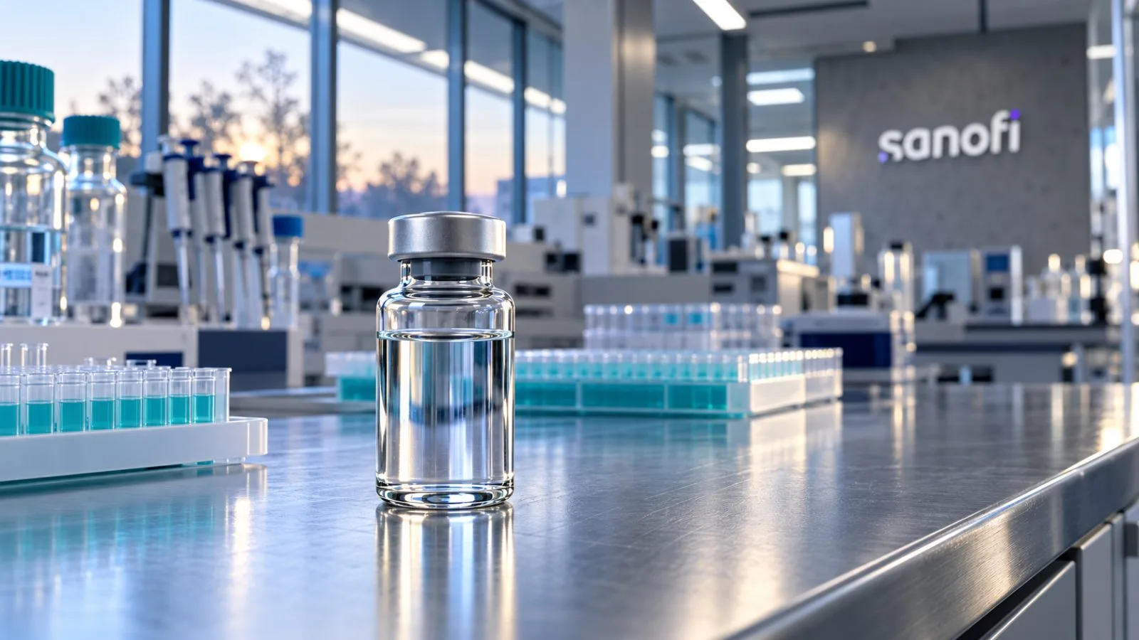 An unmarked vial rests on a stainless-steel laboratory bench. / TokenPost.ai