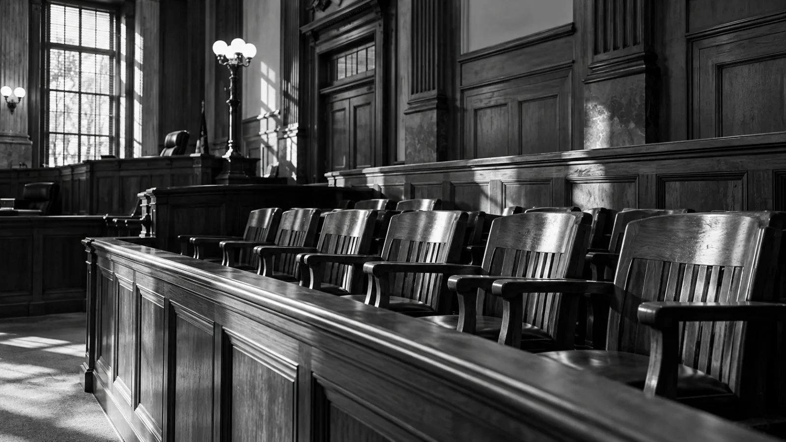An empty jury box sits beneath warm courtroom ceiling lights / TokenPost.ai