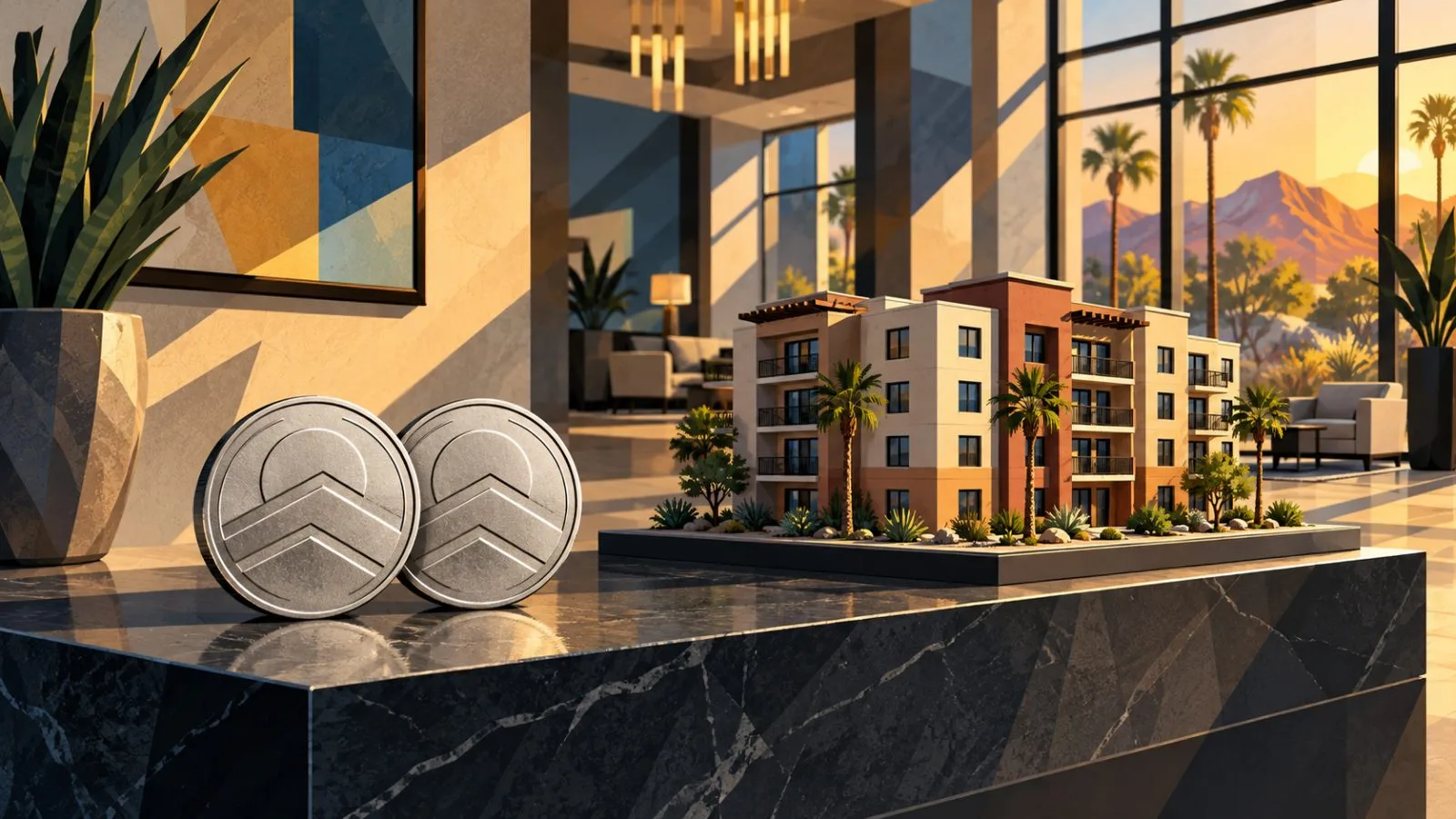 Silver coins beside a miniature apartment building in sunlight / TokenPost.ai