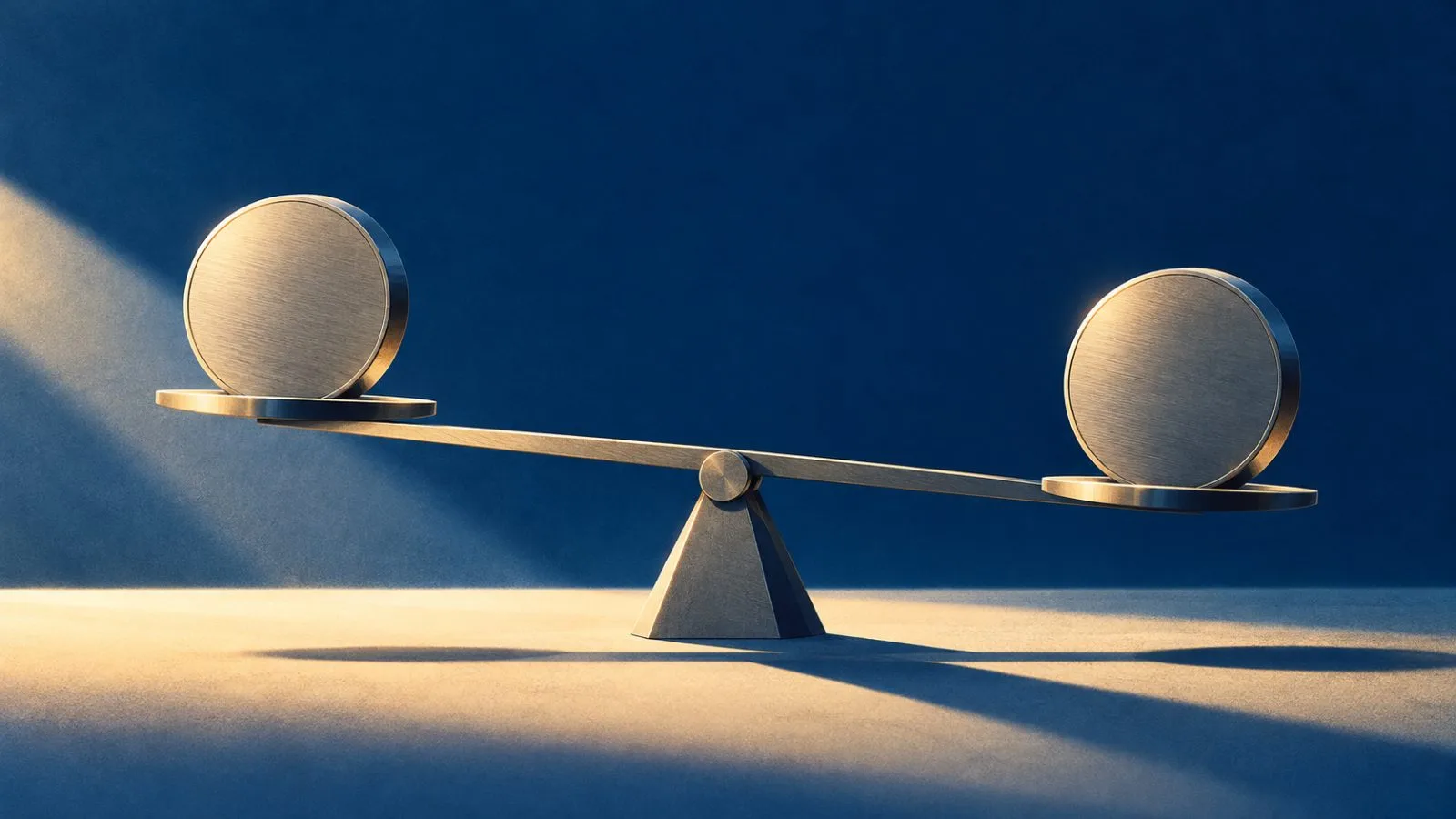 Two metal currency tokens rest on a precision balance beam / TokenPost.ai