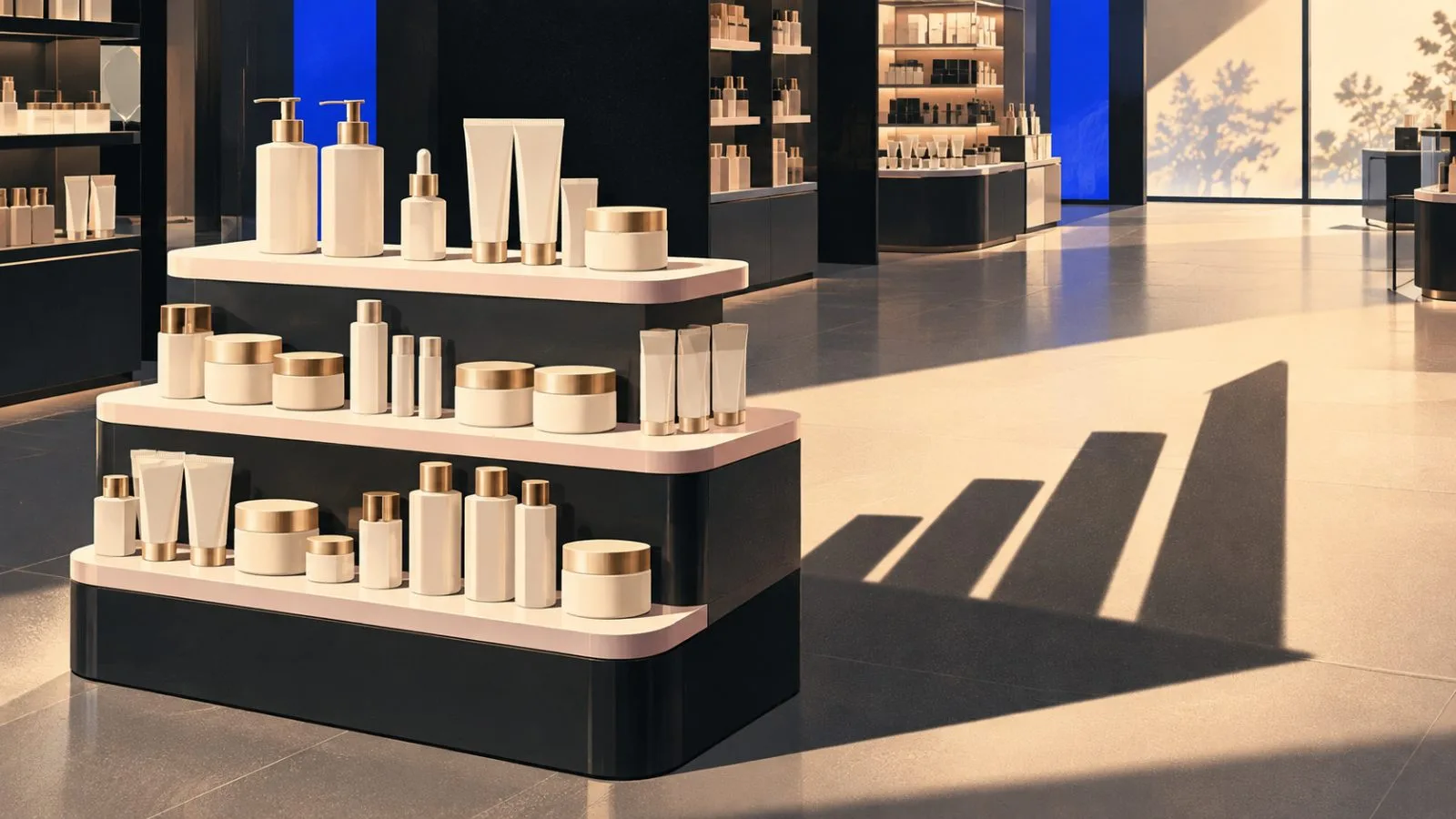 Cream-colored skincare containers sit on a softly lit retail display. / TokenPost.ai