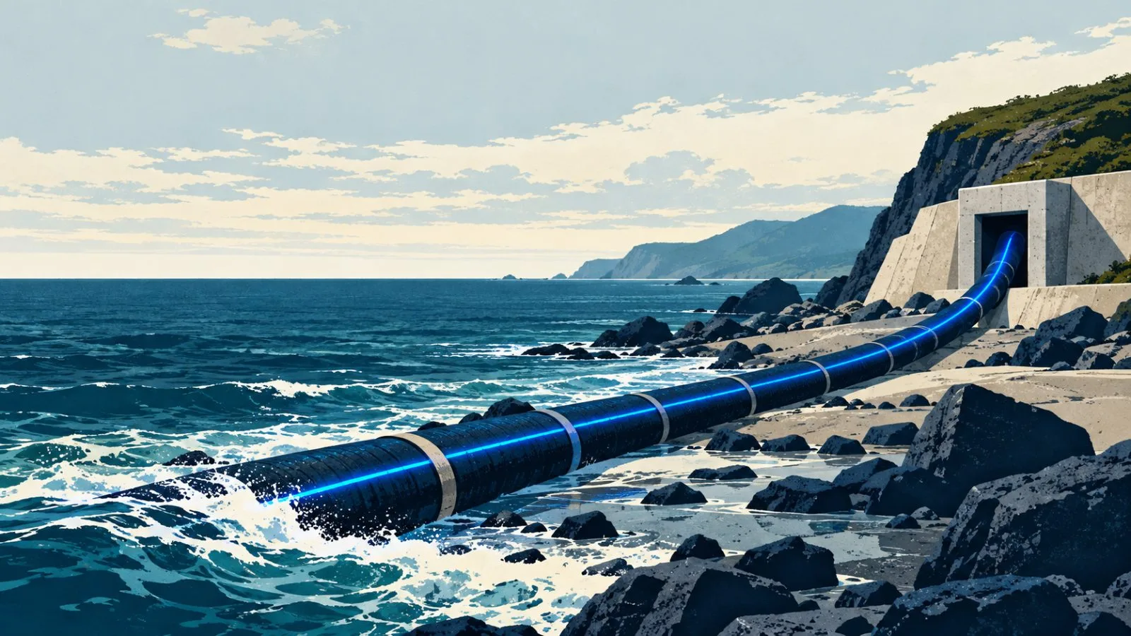 A subsea cable conduit meets the open Pacific shoreline / TokenPost.ai