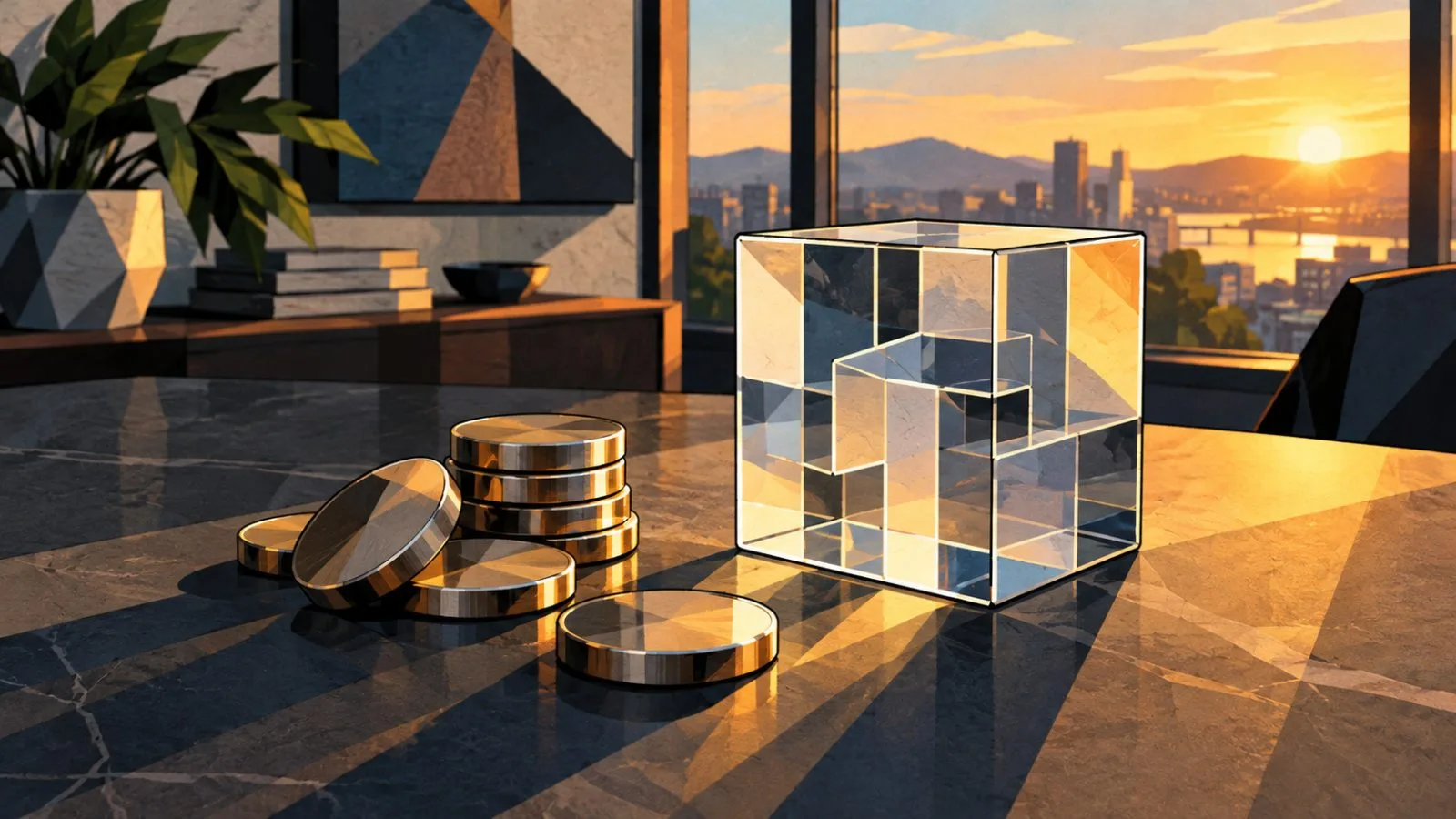 Metal tokens arranged beside a clear acrylic blockchain cube / TokenPost.ai