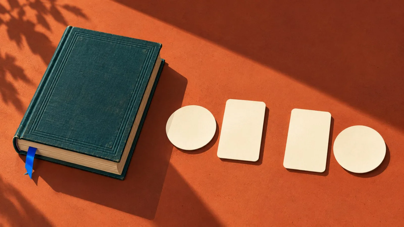 A clothbound novel rests beside pairs of blank cards in reversed order / TokenPost.ai