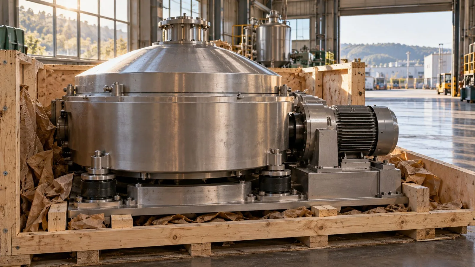 A centrifuge rests secured inside a factory transport crate / TokenPost.ai